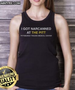Person wearing an Awesome I Got Narcanned at The Pitt tank top, showcasing a vibrant design and casual style.