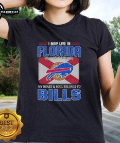 Buffalo Bills football flag ladies tee showcasing team spirit for fans living in Florida on game day.