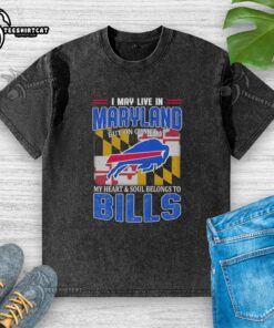 Alt Text: Buffalo Bills football flag washed t-shirt, perfect for game day, showing team pride while living in Maryland.