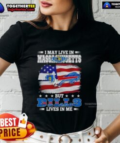 Die-hard Buffalo Bills fan ladies' tee with 'I may live in Massachusetts but I'm a Bills fan till I die' slogan.