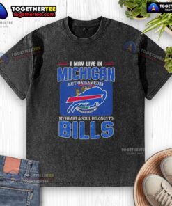 Alt Text: Buffalo Bills football flag on a washed t-shirt, perfect for fans living in Michigan on game day.