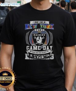 Alt Text: Awesome 'I May Live In New York But My Heart Belongs To Las Vegas Raiders' Football T-Shirt design for fans.