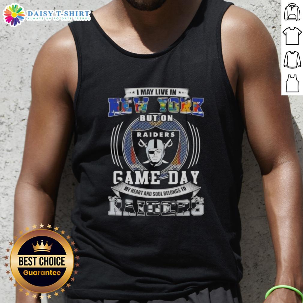 Awesome I May Live In New York But On Game Day My Heart And Soul Belongs To Las Vegas Raiders Football Tank Top Alt Text: Woman wearing a Raiders football tank top, showcasing team spirit for Las Vegas Raiders on game day in New York.