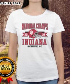 Awesome Indiana Football 2025 CFP National Champions arched helmet design on a stylish ladies tee shirt.