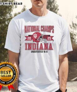 Alt Text: Awesome Indiana Football 2025 CFP National Champions arched helmet graphic on a stylish t-shirt.