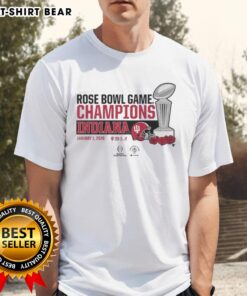 Alt Text: Awesome Indiana Football CFP Rose Bowl Champions trophy t-shirt featuring a bold graphic design and vibrant colors.