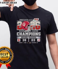 Indiana Hoosiers beat Alabama Crimson Tide 2026 Rose Bowl Game champions T-shirt featuring team logos and vibrant colors.