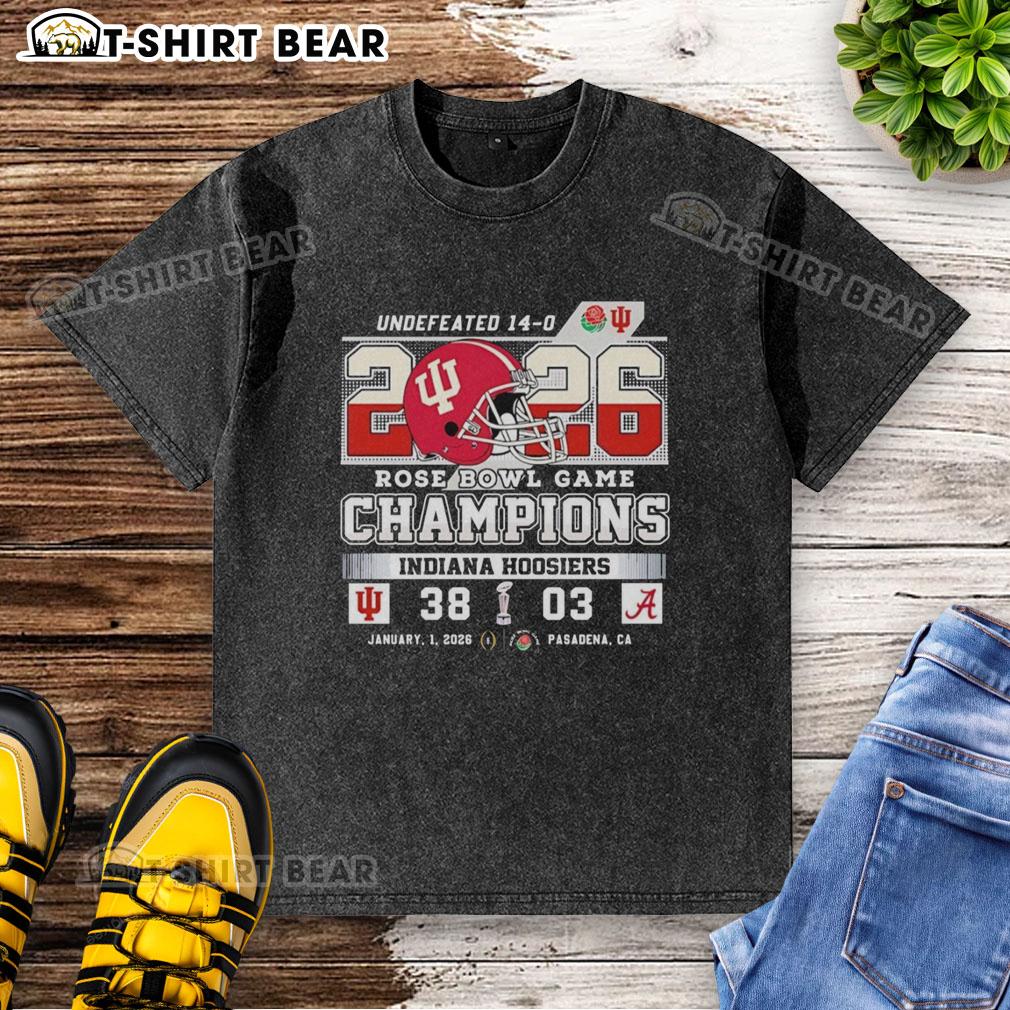 Awesome Indiana Hoosiers Beat Alabama Crimson Tide At Rose Bowl Game Champions 2026 Washed T-Shirt Indiana Hoosiers champions 2026 Rose Bowl game washed t-shirt featuring vibrant colors and team logos.