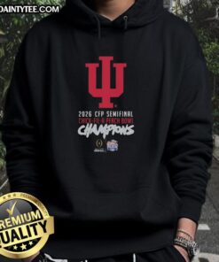 Alt Text: Awesome Indiana Hoosiers CFP Semifinal Chick-fil-A Peach Bowl Champions 2026 hoodie in red with team logo.