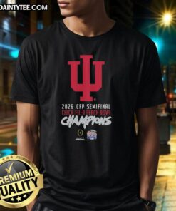 2026 Indiana Hoosiers CFP Semifinal Chick-fil-A Peach Bowl Champions T-shirt featuring bold team graphics.