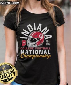 Alt Text: Awesome Indiana Hoosiers College Football National Championship 2026 helmet graphic on a ladies tee shirt.