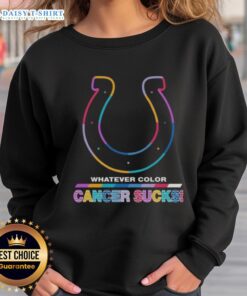 Alt Text: Awesome Indianapolis Colts sweatshirt featuring colorful cancer awareness logo and bold design for fans.