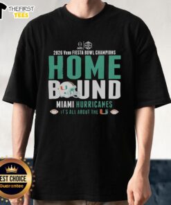 Alt Text: Miami Hurricanes 2026 Vrbo Fiesta Bowl Champions T-Shirt celebrating homebound victory and team spirit.