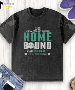 Alt Text: Miami Hurricanes 2026 Vrbo Fiesta Bowl Champions washed t-shirt showcasing team pride and celebration.