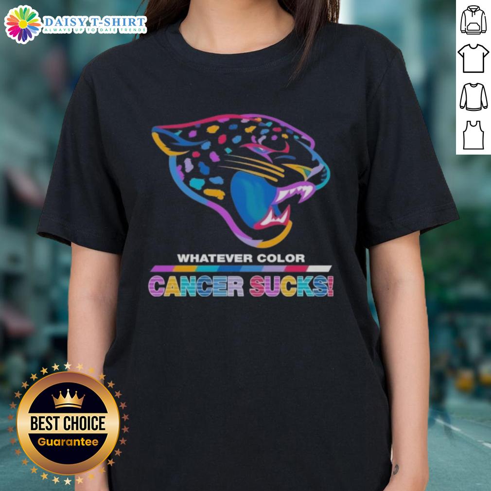 Awesome Jacksonville Jaguars Football Whatever Color Cancer Sucks Logo Colors Ladies-Tee Jacksonville Jaguars football ladies tee featuring colorful 'Cancer Sucks' logo design for fans and supporters.
