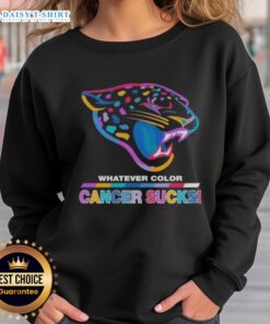 Jacksonville Jaguars sweatshirt featuring a colorful 'Cancer Sucks' logo, perfect for football fans supporting a cause.