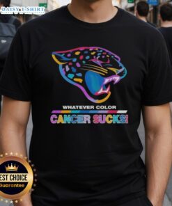 Awesome Jacksonville Jaguars Football T-Shirt featuring colorful 'Cancer Sucks' logo design.