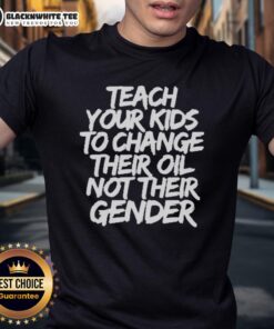 Alt Text: Awesome Jones Keeffe proudly wears a Teach Your Kids To Change Their Oil Not Their Gender T-shirt, promoting empowerment.
