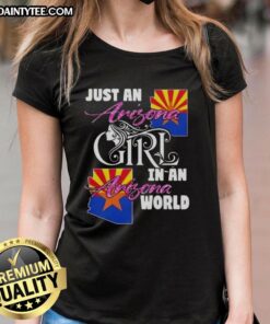 Awesome Arizona girl in stylish Arizona world ladies tee, showcasing pride in Arizona culture and fashion.