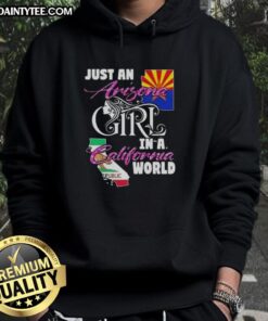 Awesome Arizona girl in a California world hoodie, showcasing a stylish design against a sunny outdoor backdrop.