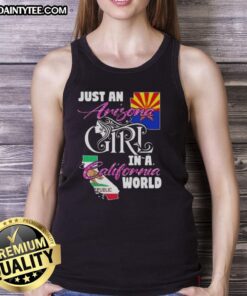 Arizona girl wearing a tank top with 'Just an Arizona Girl in a California World' design against a sunny backdrop.