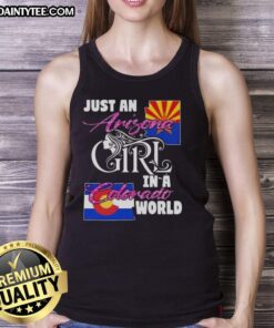 Arizona girl in a Colorado world tank top, showcasing a trendy design perfect for summer fashion.