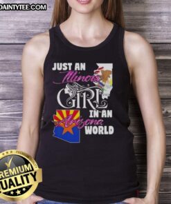 Illinois girl in a stylish Arizona-themed tank top, showcasing a vibrant design perfect for summer fashion.