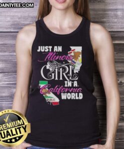 Illinois girl in a stylish California world tank top, embodying a casual, trendy summer vibe with vibrant colors.