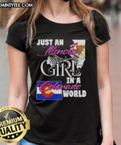 Alt Text: Illinois girl in Colorado world ladies tee, showcasing a stylish design perfect for proud Illinois residents.