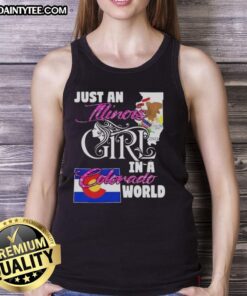 Illinois girl wearing a 'Just an Illinois Girl in a Colorado World' tank top against a scenic Colorado backdrop.