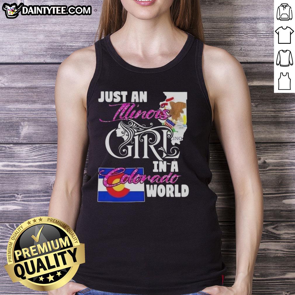 awesome-just-an-illinois-girl-in-a-colorado-world-tank-top Illinois girl wearing a 'Just an Illinois Girl in a Colorado World' tank top against a scenic Colorado backdrop.
