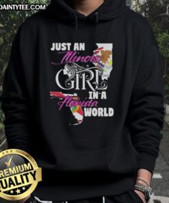 Illinois girl in a Florida world hoodie, showcasing a stylish design perfect for casual wear and travel adventures.