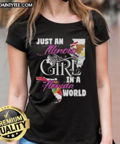 Illinois girl in Florida world wearing 'Awesome Just An Illinois Girl' ladies tee, showcasing stylish casual fashion.
