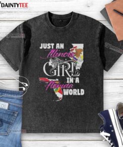 Awesome Just An Illinois Girl In A Florida World washed t-shirt displayed on a hanger against a bright background.