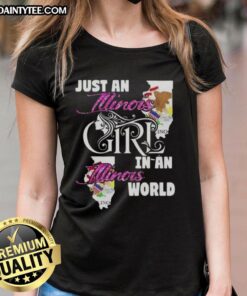 Awesome Illinois girl in a stylish Illinois world ladies tee, showcasing state pride and trendy fashion.