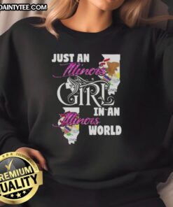 Illinois girl wearing an 'Awesome Just an Illinois Girl in an Illinois World' sweatshirt outdoors.