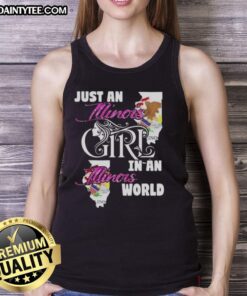 Alt Text: Illinois girl wearing 'Awesome Just An Illinois Girl In A Illinois World' tank top, showcasing state pride and style.