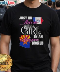Awesome Just An Iowa Girl In A Arizona World T-Shirt design featuring bold typography and vibrant colors, perfect for casual wear.