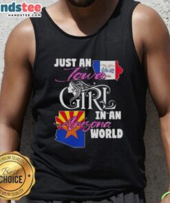 Alt Text: Iowa girl wearing an 'Awesome Just An Iowa Girl In An Arizona World' tank top, showcasing a stylish summer outfit.