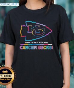 Awesome Kansas City Chiefs football tee featuring vibrant colors and 'Cancer Sucks' logo, perfect for fans and awareness.
