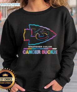 Awesome Kansas City Chiefs Football sweatshirt featuring colorful 'Cancer Sucks' logo design for fans and supporters.
