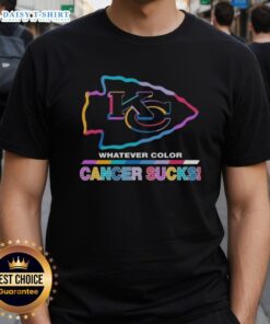 Alt Text: Kansas City Chiefs Football T-Shirt featuring colorful 'Cancer Sucks' logo design for sports fans and awareness.