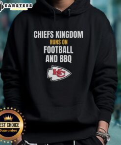 Alt Text: Awesome Kansas City Chiefs hoodie featuring a football and BBQ design, perfect for fans of the Chiefs Kingdom.