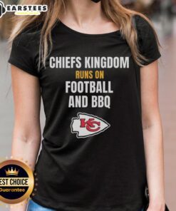 Awesome Kansas City Chiefs Kingdom Runs on Football and BBQ Ladies Tee featuring vibrant team colors and stylish design.
