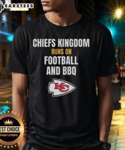 Awesome Kansas City Chiefs Kingdom Runs On Football And BBQ T-Shirt featuring bold graphics and team colors for fans.