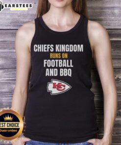 Awesome Kansas City Chiefs tank top featuring 'Runs on Football and BBQ' design, perfect for game day and BBQ lovers.