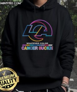 Alt Text: Los Angeles Rams hoodie featuring colorful design and 'Cancer Sucks' logo, perfect for football fans and supporters.