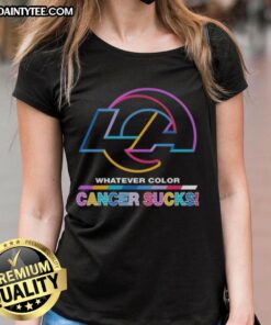 Los Angeles Rams football tee featuring colorful 'Cancer Sucks' logo, perfect for fans supporting a great cause.