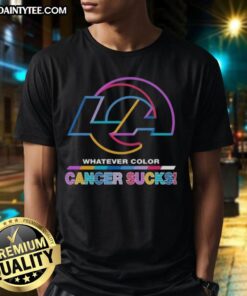 Awesome Los Angeles Rams Football T-Shirt featuring colorful 'Cancer Sucks' logo design, perfect for fans and supporters.