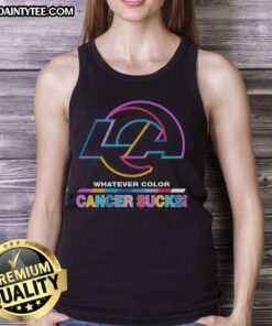 Los Angeles Rams football tank top featuring a vibrant 'Cancer Sucks' logo in bold colors, perfect for fans and supporters.